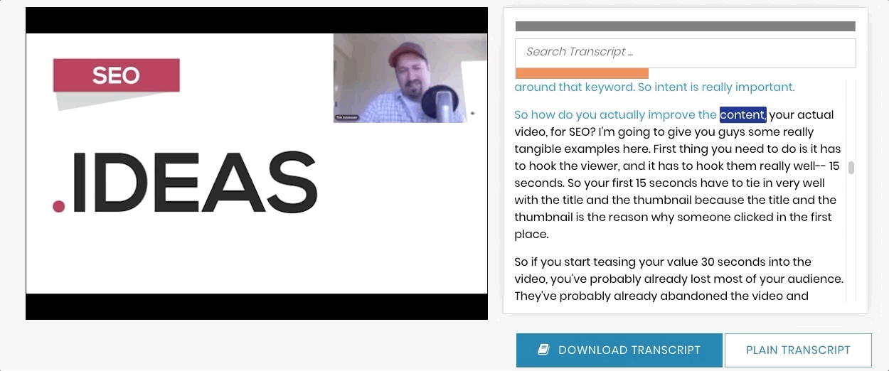 gif of interactive transcript on SEO