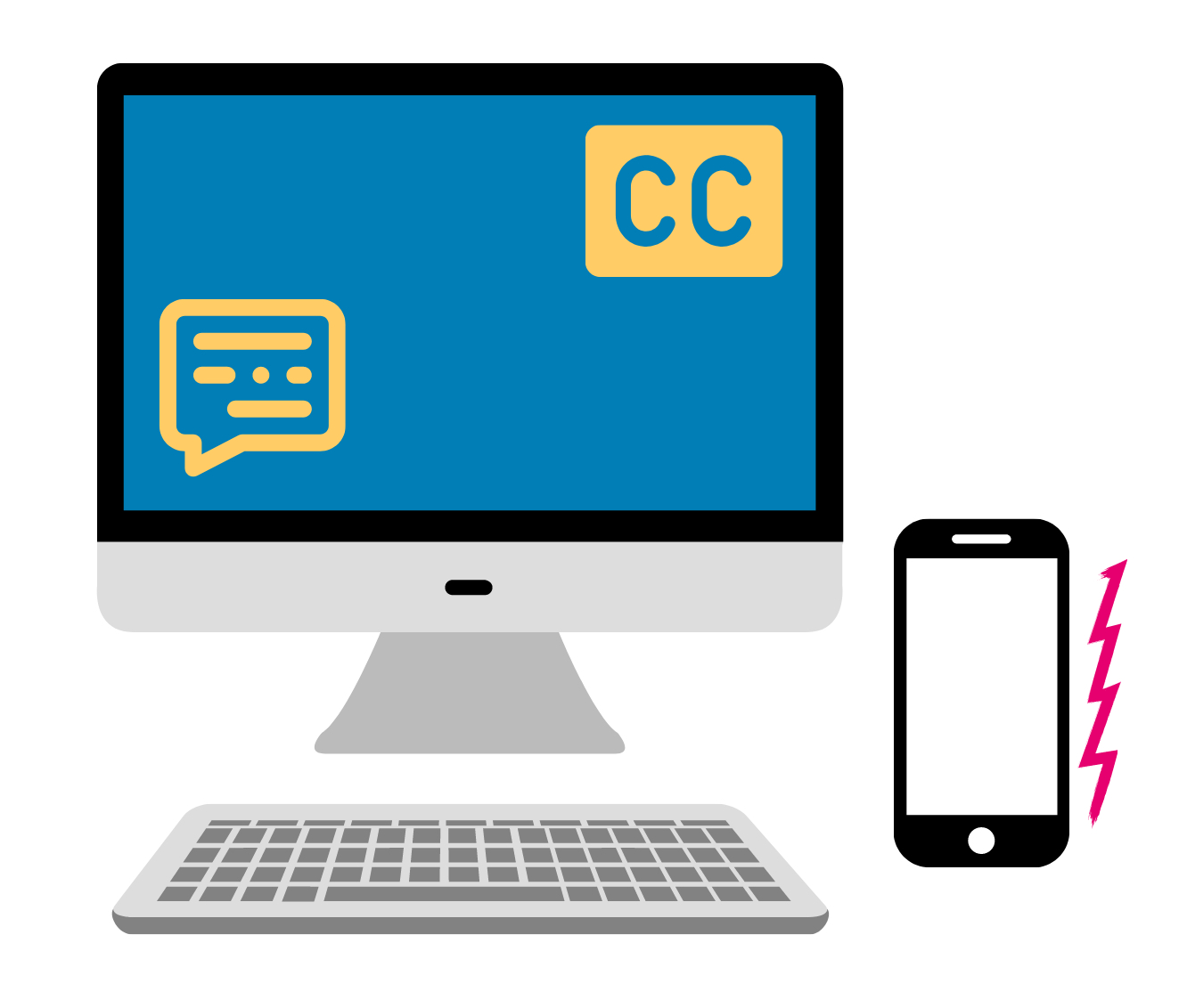 Computer, keyboard, and phone represent various modes of technology