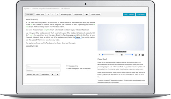 image of the caption editor functionality on the 3Play Media platform