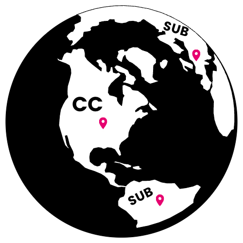 Globe with location pins in various places. Words "CC" and "SUB" appear next to pins, depending on location.