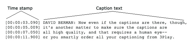 [00:00:03.090] DAVID BERMAN: Now even if the captions are there, though, [00:00:05.009] it's another matter to make sure the captions are[00:00:07.050] all high quality, and that requires a human eye--[00:00:11.900] or you smartly order all your captioning from 3Play.