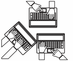 three different sets of hands on three laptop keyboards