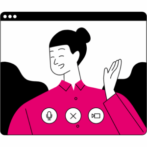 Cartoon woman laughing on video screen