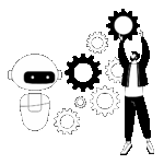 A human person adjusting gears alongside a robot