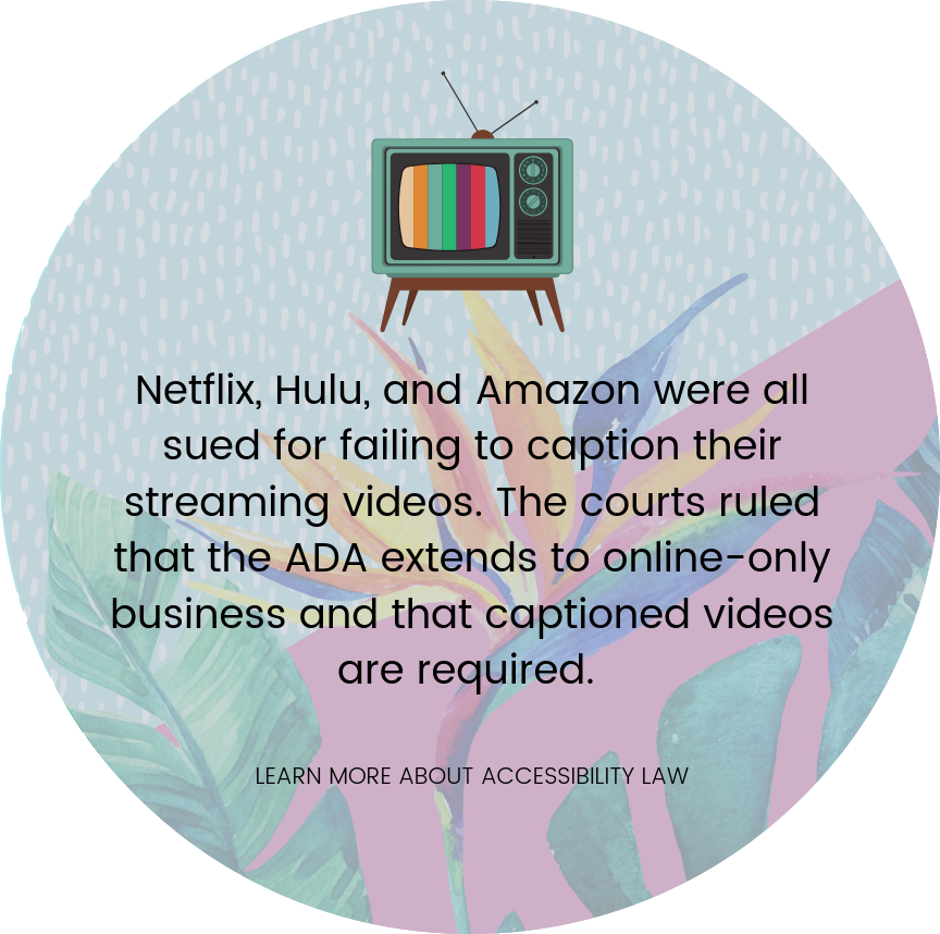  Netflix, Hulu, and Amazon were all sued for failing to caption their streaming videos. The courts ruled that the ADA extends to online-only business and that captioned videos are required. 