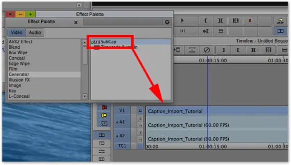 Screenshot of Effect Palette window in Avid Media Composer with SubCap selected and arrow pointing to Caption_Import_Tutorial